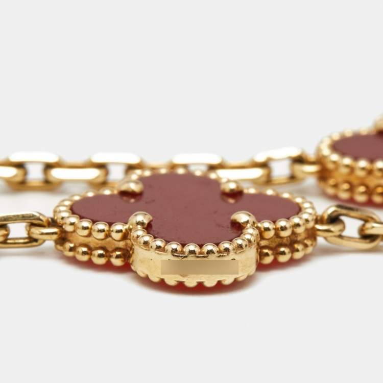 Pre Owned Van Cleef & Arpels Vintage Alhambra Carnelian 18k Yellow Gold 5 Motif Station Bracelet
