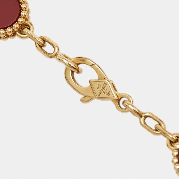 Pre Owned Van Cleef & Arpels Vintage Alhambra Carnelian 18k Yellow Gold 5 Motif Station Bracelet