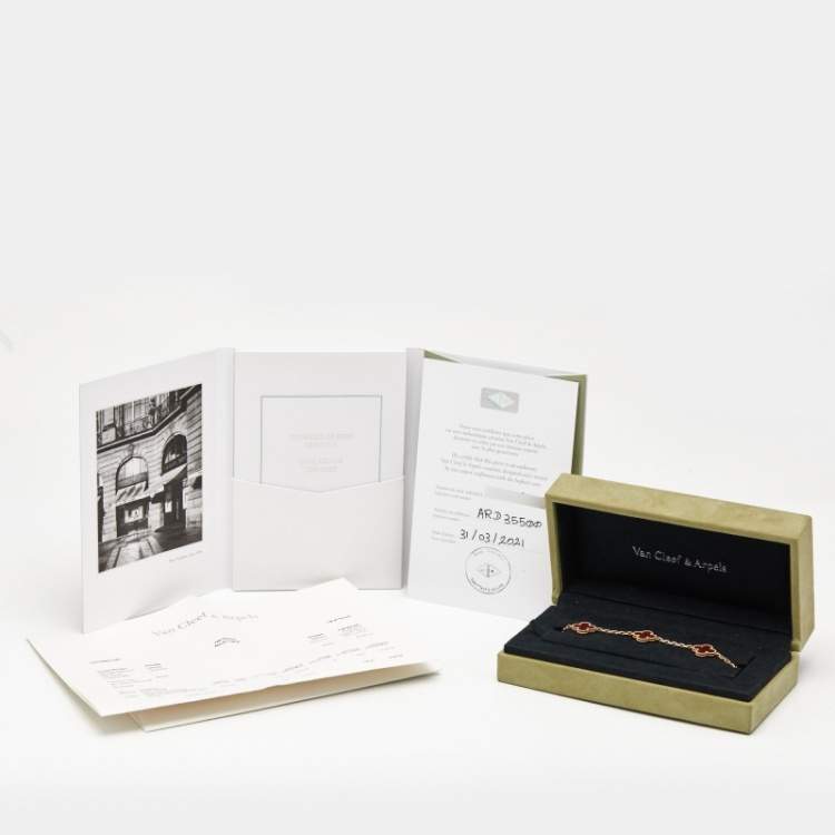 Pre Owned Van Cleef & Arpels Vintage Alhambra Carnelian 18k Yellow Gold 5 Motif Station Bracelet