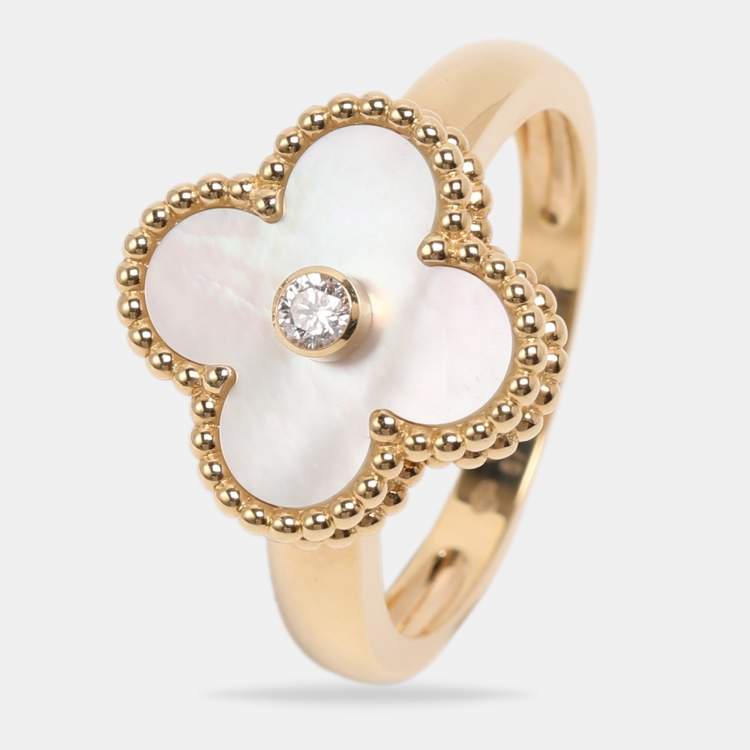 Pre Owned Van Cleef & Arpels Vintage Alhambra Diamond Mother of Pearl 18K Yellow Gold Ring Size 57