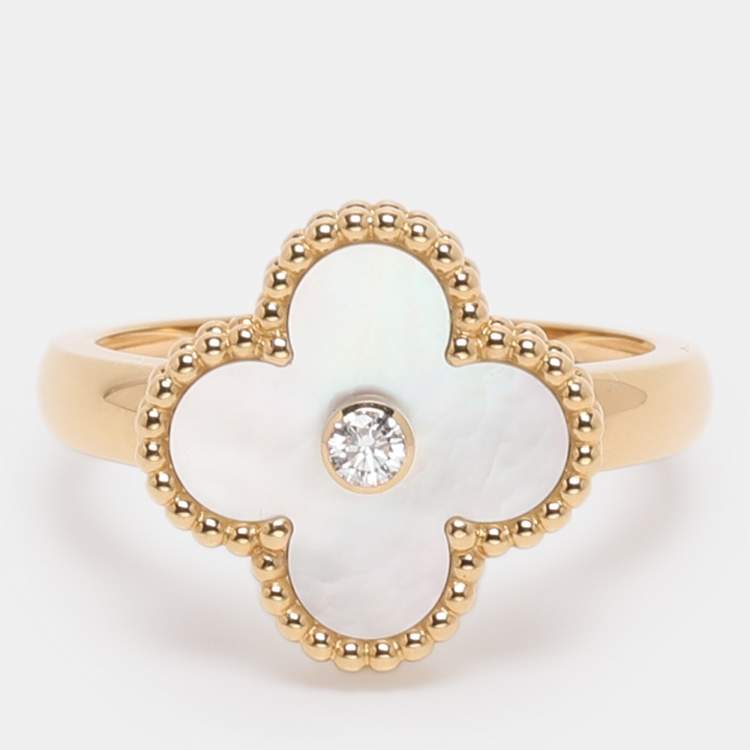 Pre Owned Van Cleef & Arpels Vintage Alhambra Diamond Mother of Pearl 18K Yellow Gold Ring Size 57