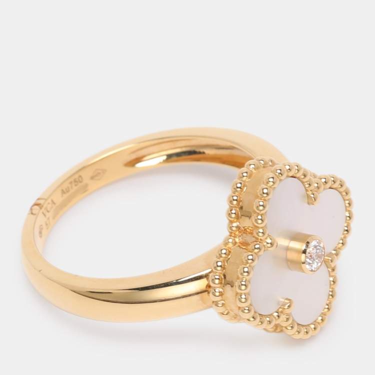Pre Owned Van Cleef & Arpels Vintage Alhambra Diamond Mother of Pearl 18K Yellow Gold Ring Size 57
