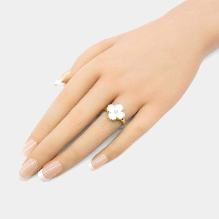 Pre Owned Van Cleef & Arpels Vintage Alhambra 18K Yellow Gold, Diamond, Mother of Pearl Ring EU 49