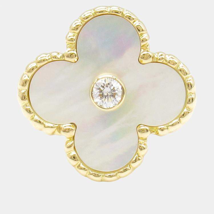 Pre Owned Van Cleef & Arpels Vintage Alhambra 18K Yellow Gold, Diamond, Mother of Pearl Ring EU 49