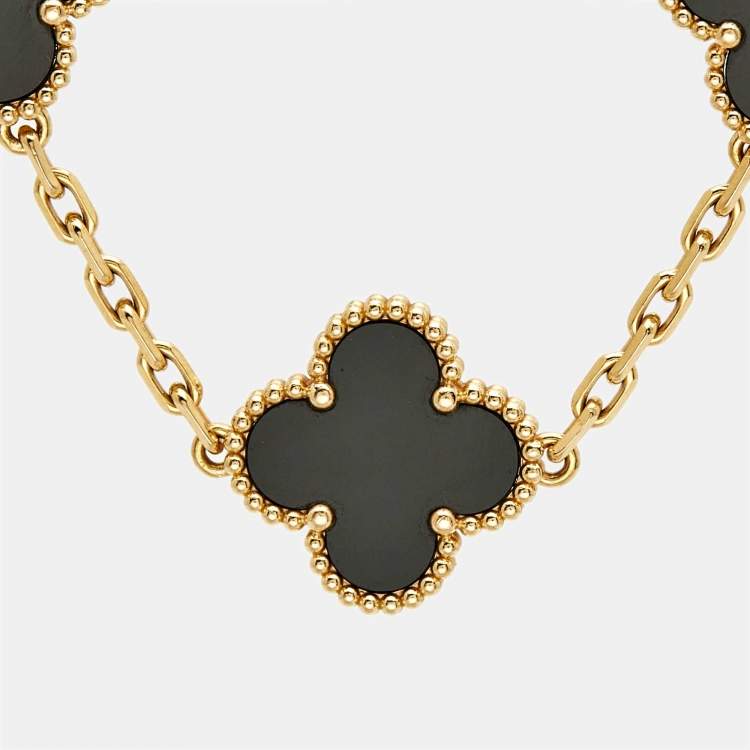 Pre Owned Van Cleef & Arpels Vintage Alhambra Onyx 18k Yellow Gold 5 Motif Station Bracelet