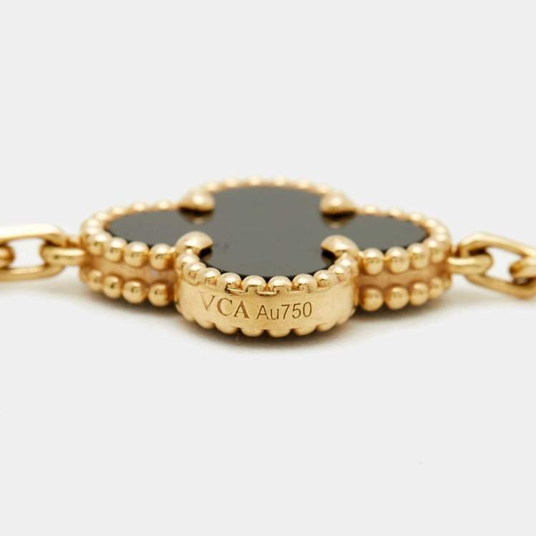Pre Owned Van Cleef & Arpels Vintage Alhambra Onyx 18k Yellow Gold 5 Motif Station Bracelet