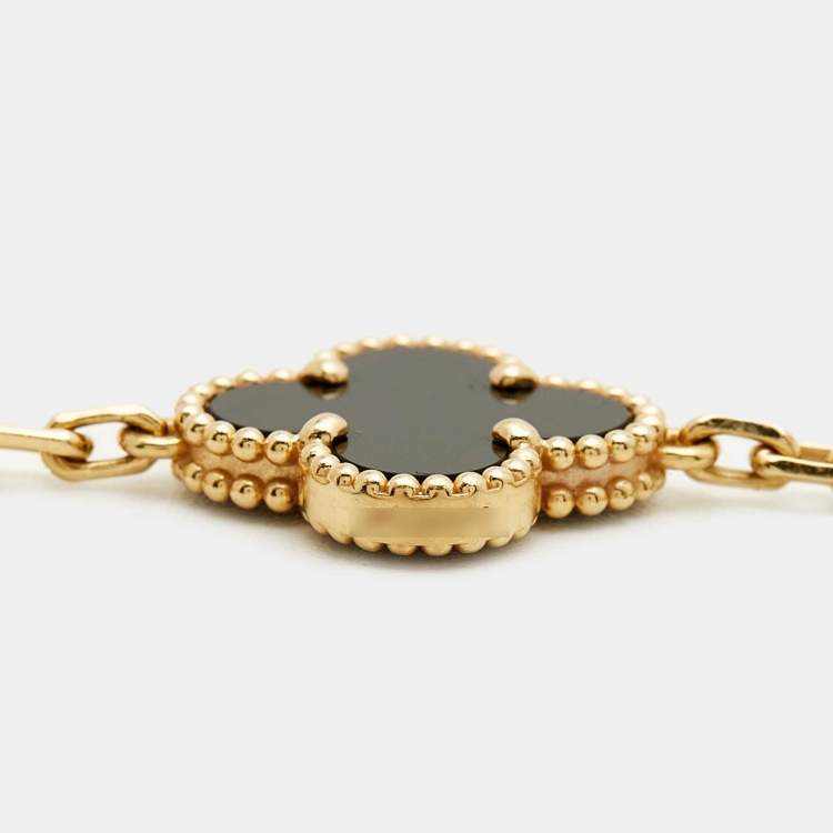 Pre Owned Van Cleef & Arpels Vintage Alhambra Onyx 18k Yellow Gold 5 Motif Station Bracelet