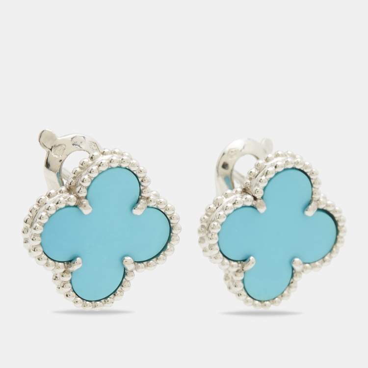 Pre Owned Van Cleef & Arpels Vintage Alhambra Turquoise 18k White Gold Earrings