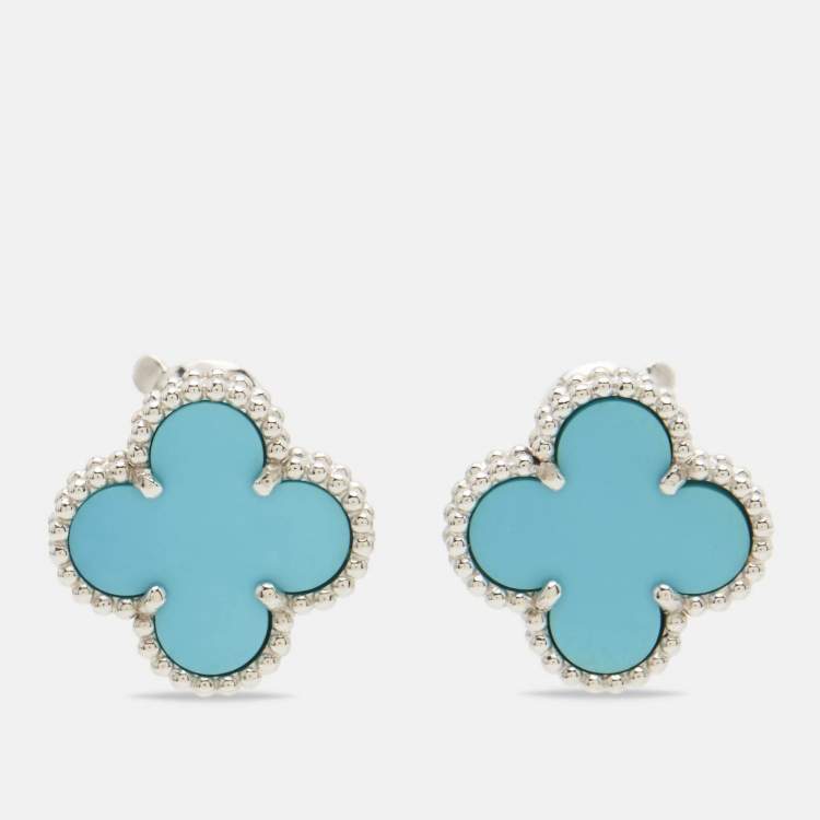 Pre Owned Van Cleef & Arpels Vintage Alhambra Turquoise 18k White Gold Earrings