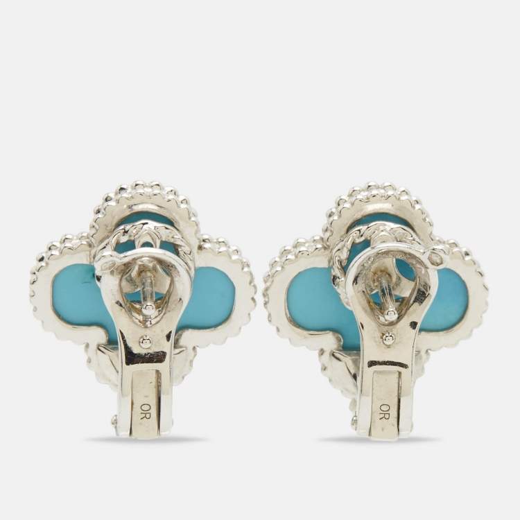 Pre Owned Van Cleef & Arpels Vintage Alhambra Turquoise 18k White Gold Earrings