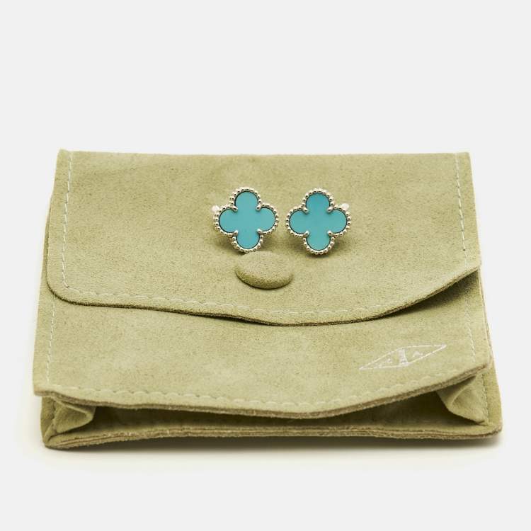 Pre Owned Van Cleef & Arpels Vintage Alhambra Turquoise 18k White Gold Earrings
