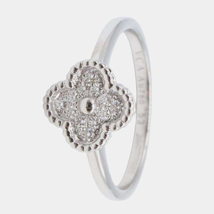 Pre Owned Van Cleef & Arpels Sweet Alhambra Diamond 18K White Gold Ring EU 53