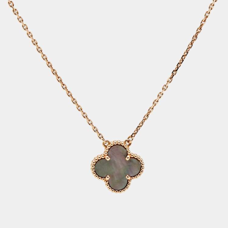 Pre Owned Van Cleef & Arpels Vintage Alhambra Grey Mother of Pearl 18k Rose Gold Necklace