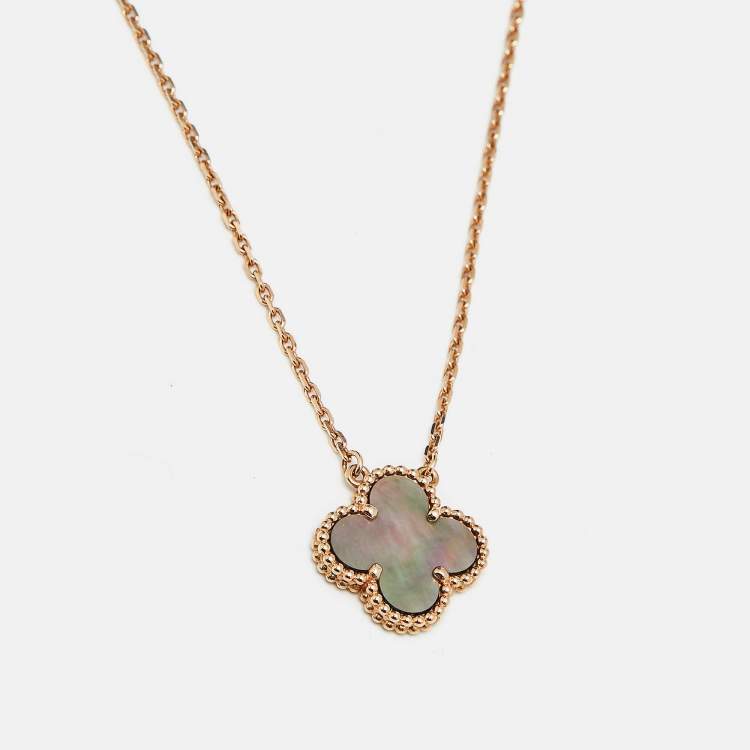 Pre Owned Van Cleef & Arpels Vintage Alhambra Grey Mother of Pearl 18k Rose Gold Necklace