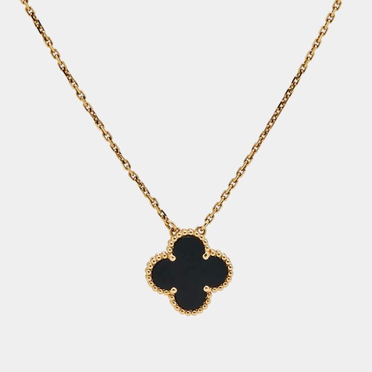 Pre Owned Van Cleef & Arpels Vintage Alhambra Onyx 18k Yellow Gold Necklace
