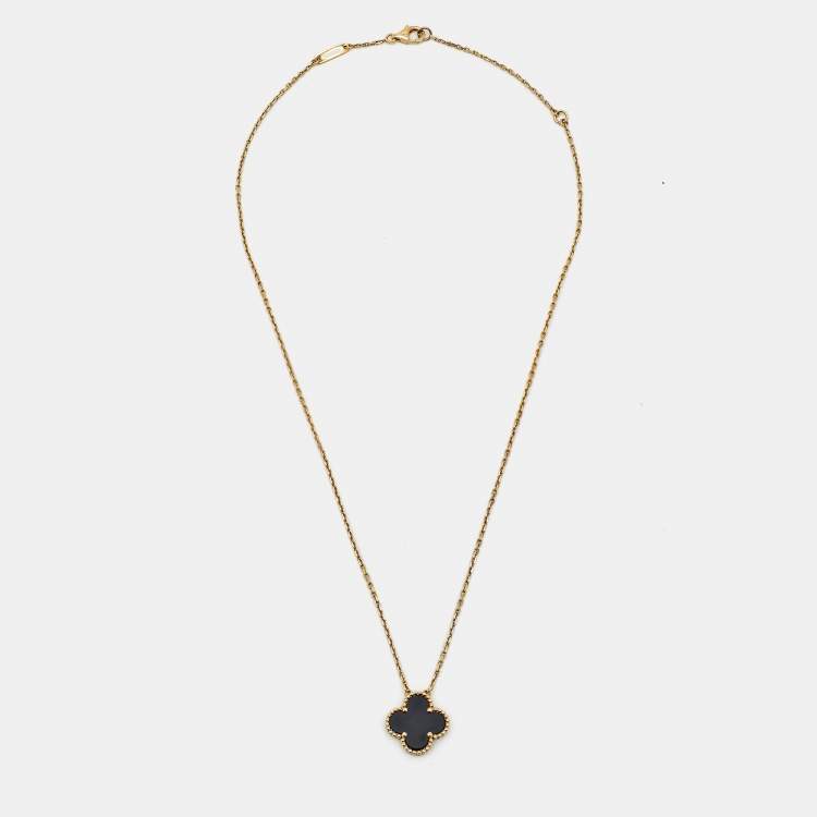 Pre Owned Van Cleef & Arpels Vintage Alhambra Onyx 18k Yellow Gold Necklace