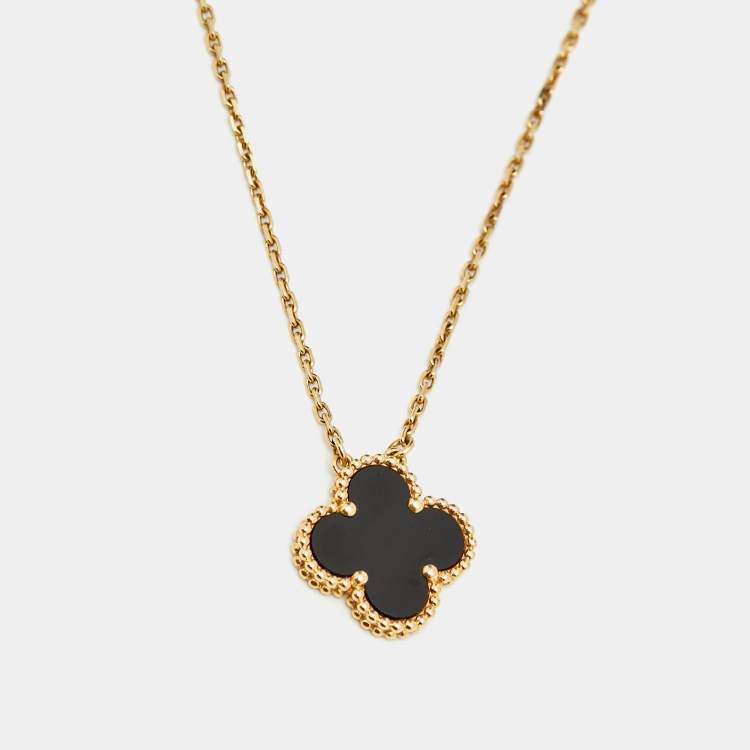 Pre Owned Van Cleef & Arpels Vintage Alhambra Onyx 18k Yellow Gold Necklace