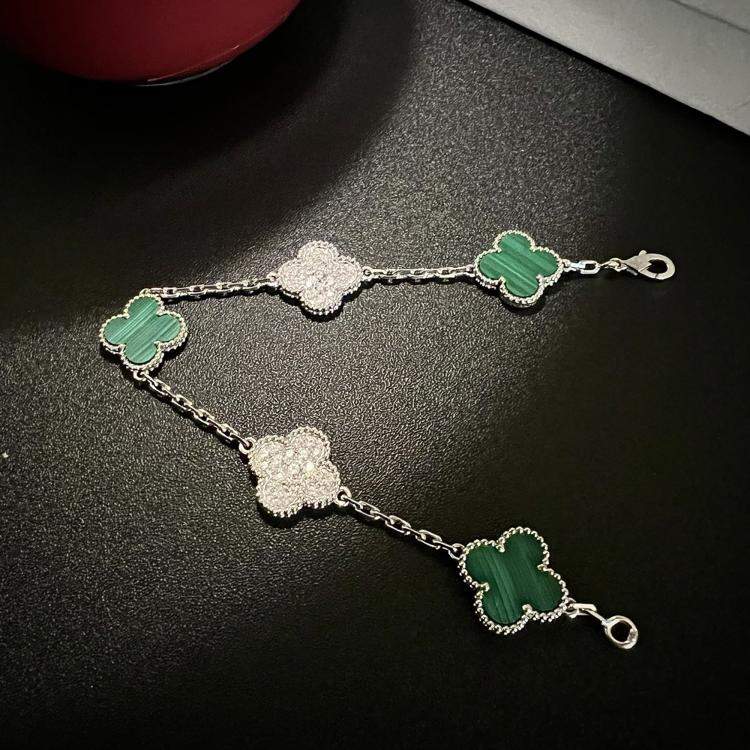 Pre Owned Van Cleef & Arpels Alhambra five-motif bracelet malachite platinum diamond-set