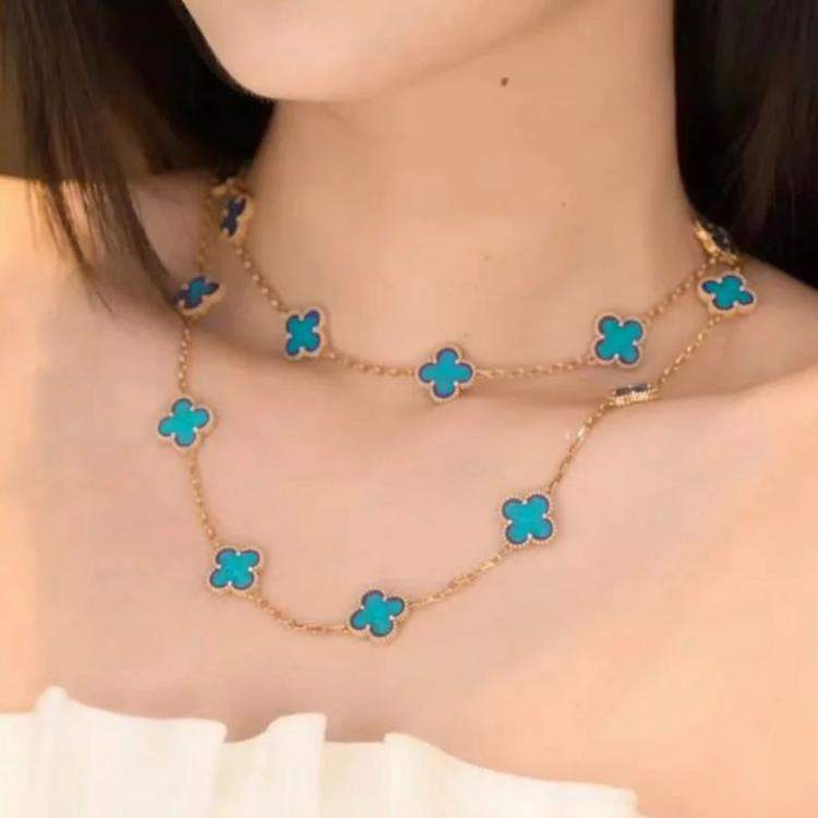 Pre Owned Van Cleef & Arpels Vintage Alhambra Turquoise Yellow Gold Limited Edition 20 Motif Necklace 