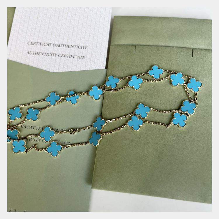 Pre Owned Van Cleef & Arpels Vintage Alhambra Turquoise Yellow Gold Limited Edition 20 Motif Necklace 