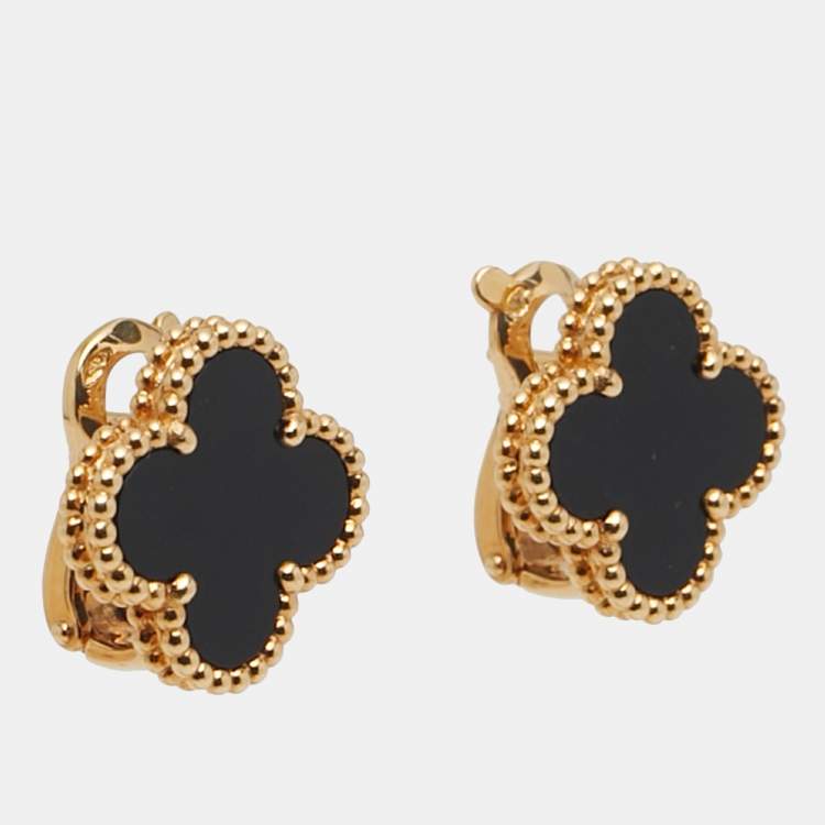 Pre Owned Van Cleef & Arpels Vintage Alhambra Onyx 18k Yellow Gold Earrings