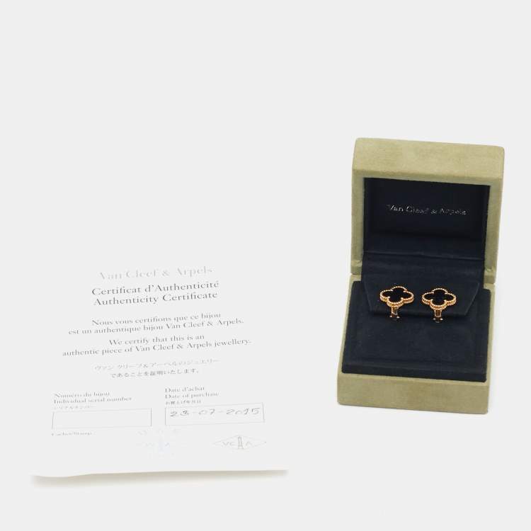 Pre Owned Van Cleef & Arpels Vintage Alhambra Onyx 18k Yellow Gold Earrings