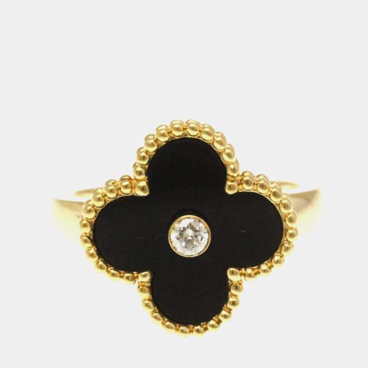 Pre Owned Van Cleef & Arpels Vintage Alhambra 18K Yellow Gold, Diamond, Mother of Pearl Ring EU 50