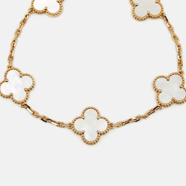Pre Owned Van Cleef & Arpels Vintage Alhambra Mother of Pearl 18k Yellow Gold 5 Motif Station Bracelet