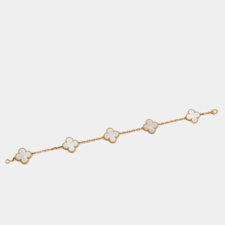 Pre Owned Van Cleef & Arpels Vintage Alhambra Mother of Pearl 18k Yellow Gold 5 Motif Station Bracelet