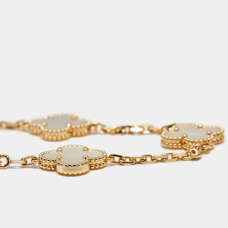 Pre Owned Van Cleef & Arpels Vintage Alhambra Mother of Pearl 18k Yellow Gold 5 Motif Station Bracelet
