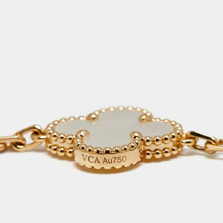 Pre Owned Van Cleef & Arpels Vintage Alhambra Mother of Pearl 18k Yellow Gold 5 Motif Station Bracelet
