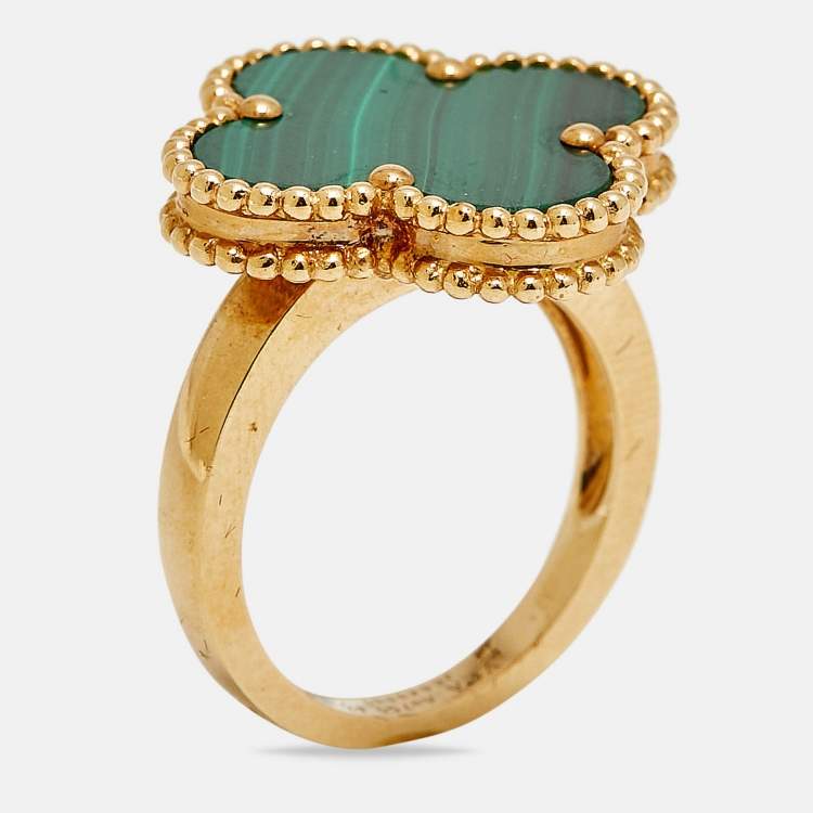 Pre Owned Van Cleef & Arpels Magic Alhambra Malachite 18k Yellow Gold Ring Size 52