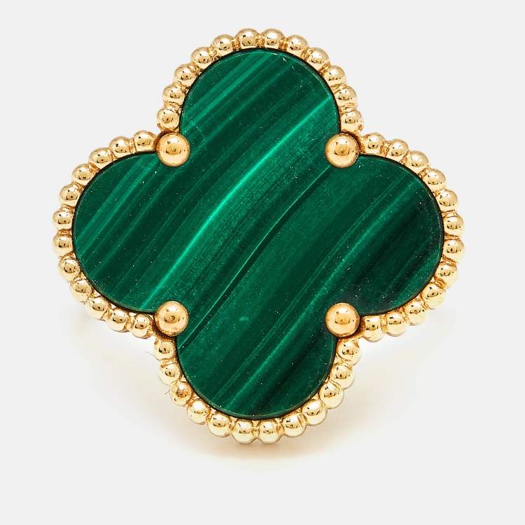 Pre Owned Van Cleef & Arpels Magic Alhambra Malachite 18k Yellow Gold Ring Size 52
