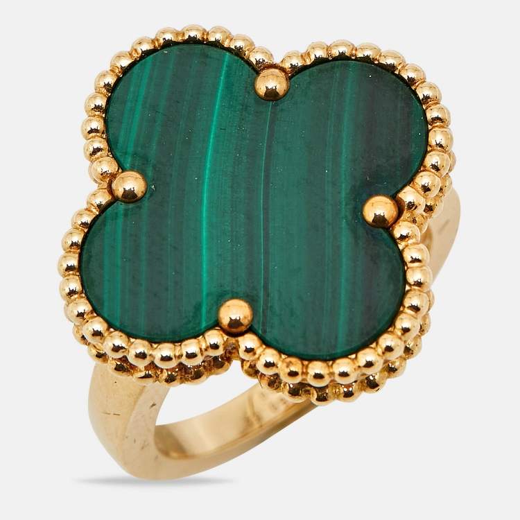 Pre Owned Van Cleef & Arpels Magic Alhambra Malachite 18k Yellow Gold Ring Size 52