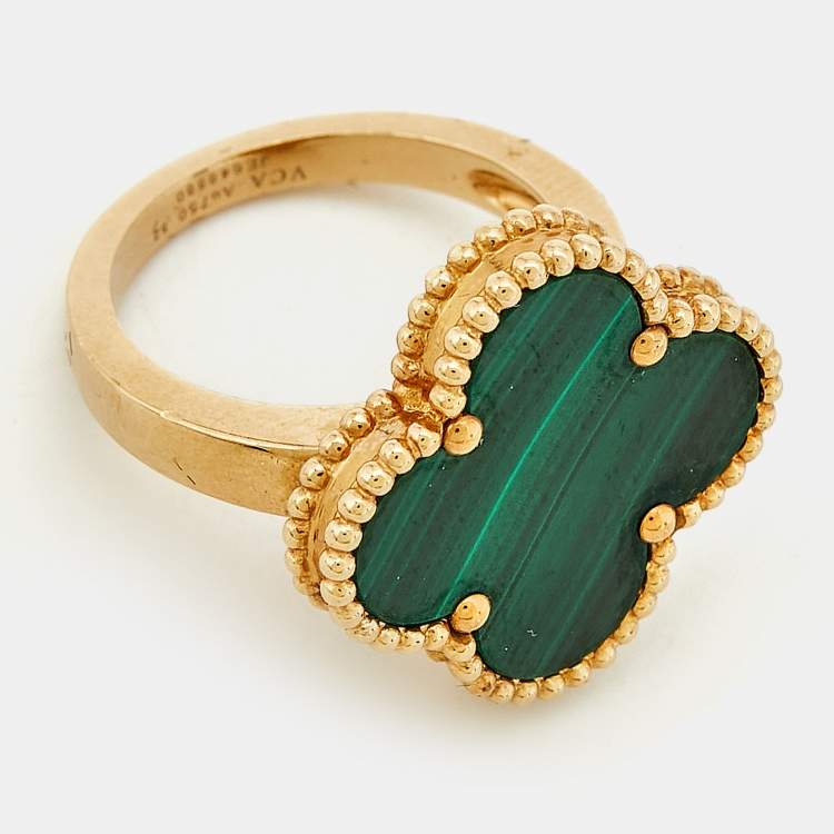 Pre Owned Van Cleef & Arpels Magic Alhambra Malachite 18k Yellow Gold Ring Size 52