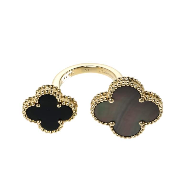 Pre Owned Van Cleef & Arpels Magic Alhambra Between the Finger Gemstone Inlay 18K Yellow Gold Cocktail Ring Size 53