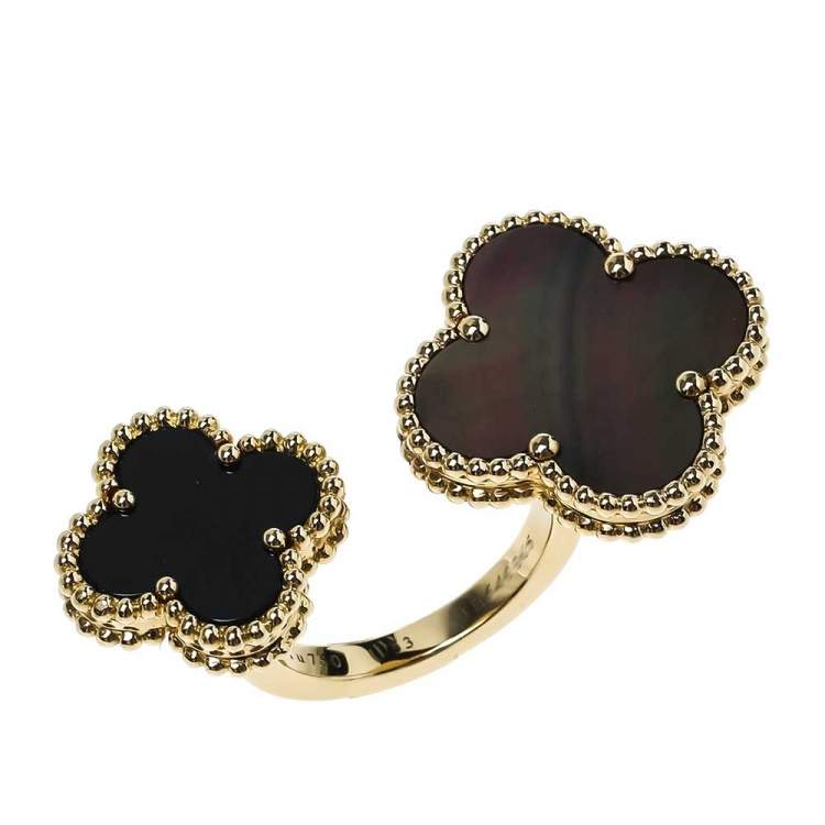 Pre Owned Van Cleef & Arpels Magic Alhambra Between the Finger Gemstone Inlay 18K Yellow Gold Cocktail Ring Size 53