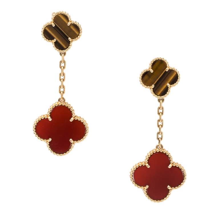 Pre Owned Van Cleef & Arpels Magic Alhambra Carnelian Tiger's Eye 2 Motifs 18K Yellow Gold Earrings