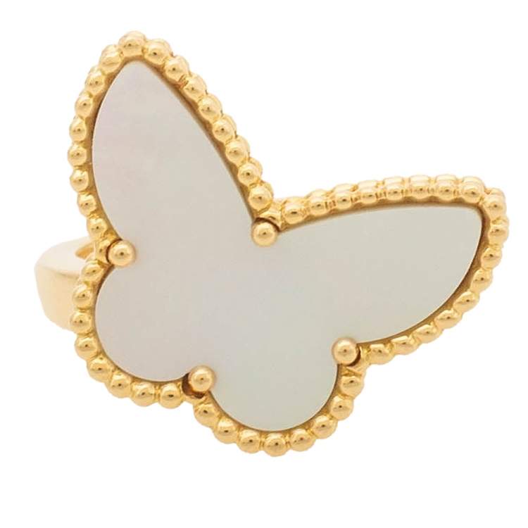 Pre Owned Van Cleef & Arpels Lucky Alhambra Butterfly Motif Mother of Pearl 18K Yellow Gold Ring Size 55