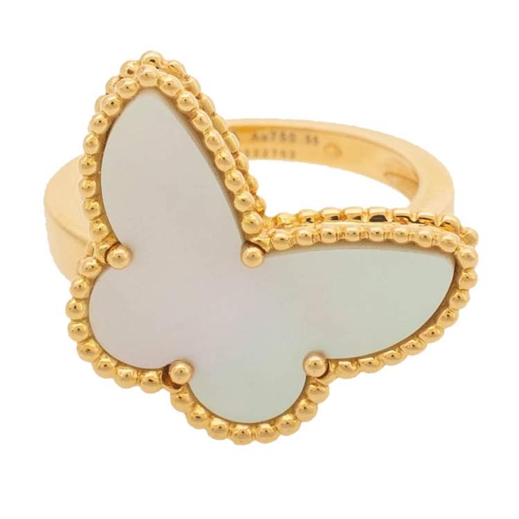 Pre Owned Van Cleef & Arpels Lucky Alhambra Butterfly Motif Mother of Pearl 18K Yellow Gold Ring Size 55