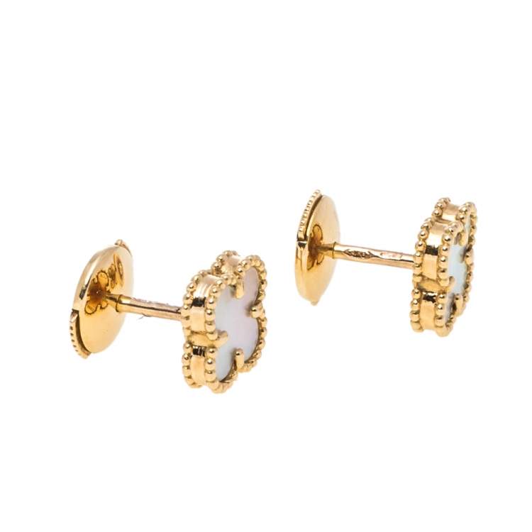 Pre Owned Van Cleef & Arpels Sweet Alhambra Mother of Pearl 18K Yellow Gold Stud Earrings