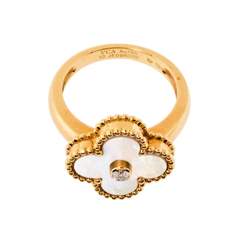 Pre Owned Van Cleef & Arpels Vintage Alhambra Diamond Mother of Pearl 18K Yellow Gold Ring Size 50