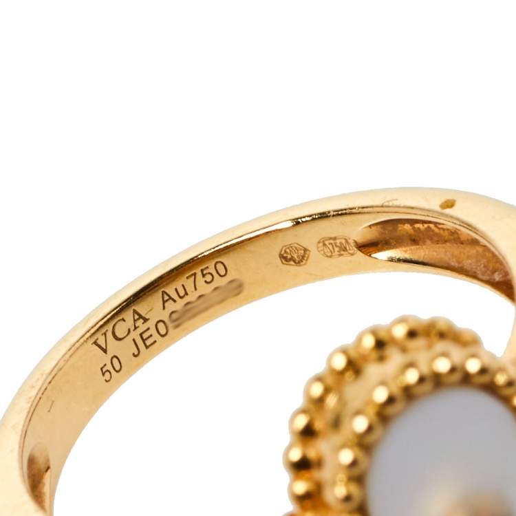 Pre Owned Van Cleef & Arpels Vintage Alhambra Diamond Mother of Pearl 18K Yellow Gold Ring Size 50