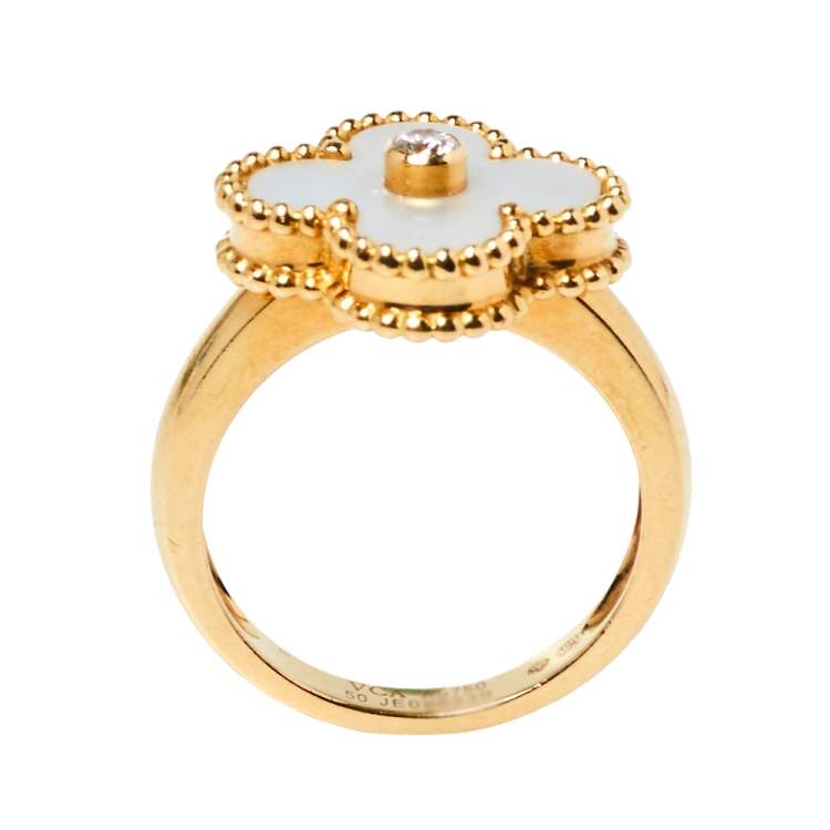 Pre Owned Van Cleef & Arpels Vintage Alhambra Diamond Mother of Pearl 18K Yellow Gold Ring Size 50