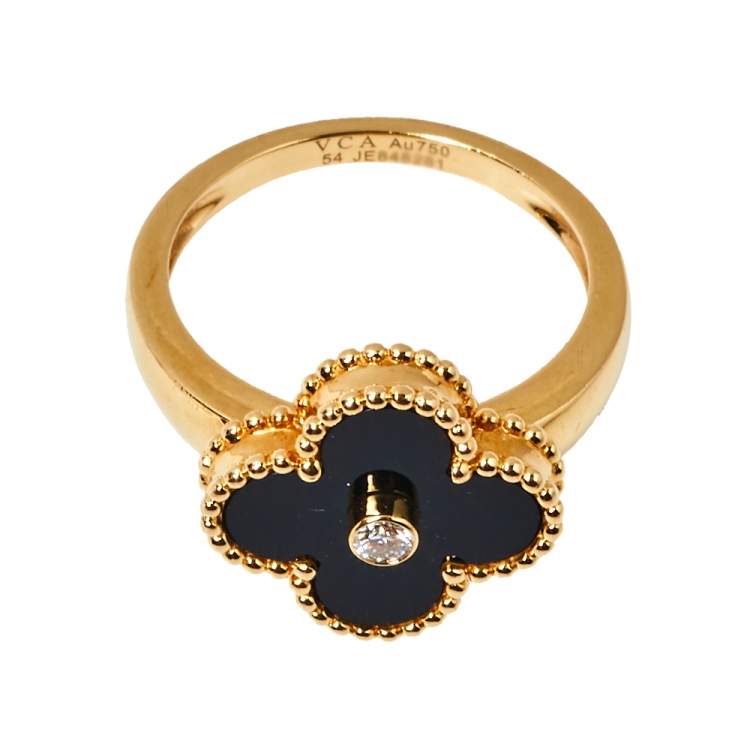 Pre Owned Van Cleef & Arpels Vintage Alhambra Diamond Onyx 18K Yellow Gold Ring Size 54