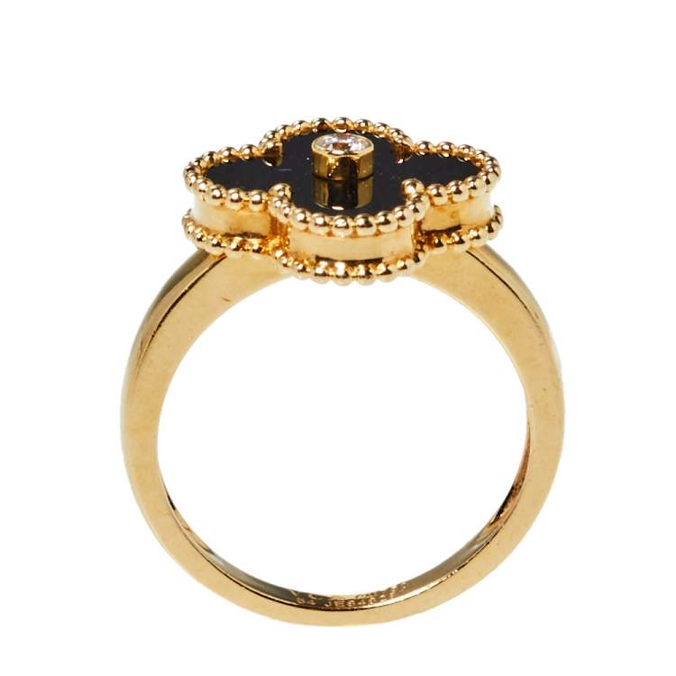 Pre Owned Van Cleef & Arpels Vintage Alhambra Diamond Onyx 18K Yellow Gold Ring Size 54