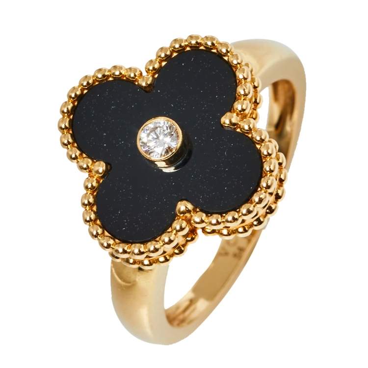 Pre Owned Van Cleef & Arpels Vintage Alhambra Diamond Onyx 18K Yellow Gold Ring Size 54