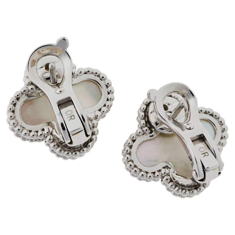 Pre Owned Van Cleef & Arpels Vintage Alhambra Mother of Pearl 18K White Gold Stud Earrings