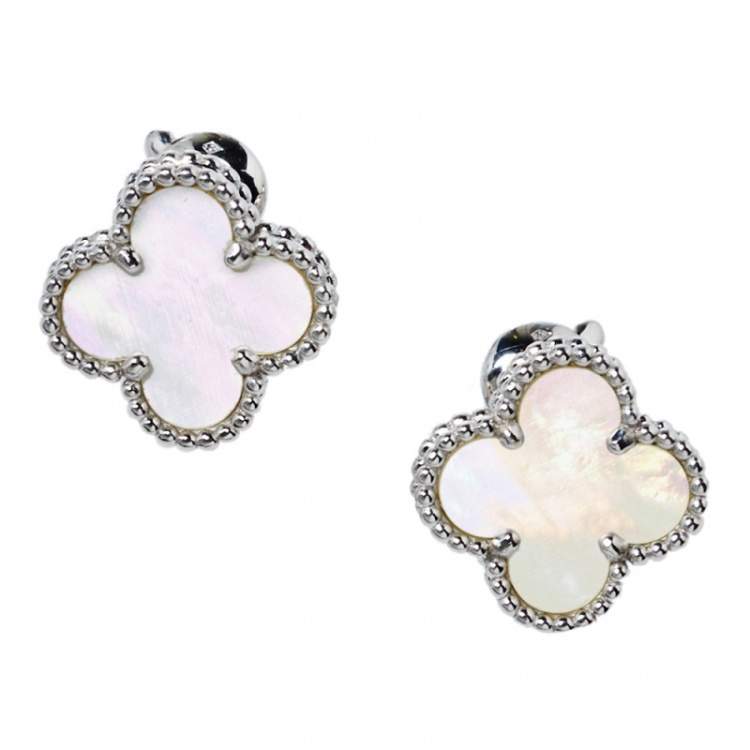 Pre Owned Van Cleef & Arpels Vintage Alhambra Mother of Pearl 18K White Gold Stud Earrings