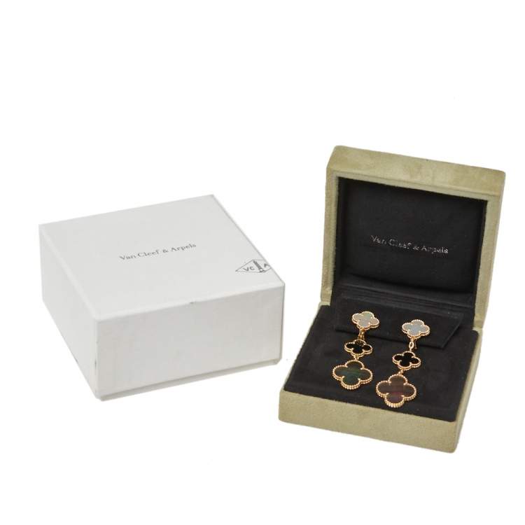 Pre Owned Van Cleef & Arpels Magic Alhambra Mother of Pearl Onyx 18K Yellow Gold Earrings